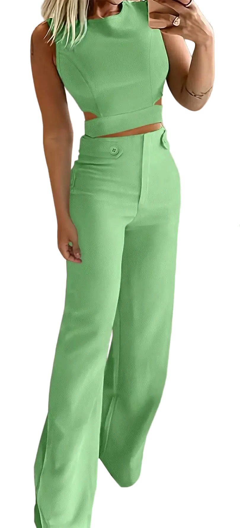 Sleeveless Button Detail Top and Flare Pants Casual Co-Ord Set