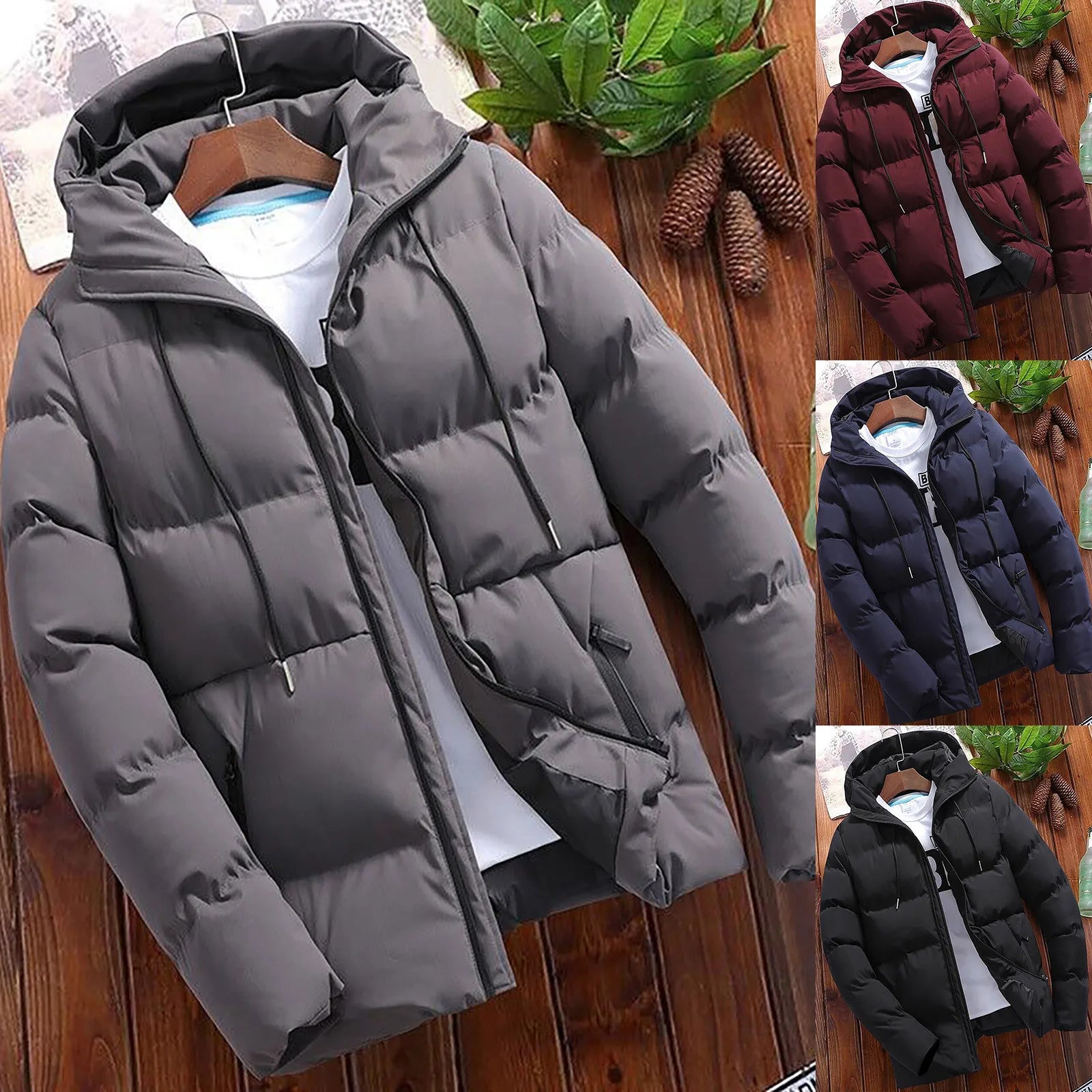 Men's Hooded Quilted Puffer Jacket with Relaxed Fit for Everyday Winter Streetwear