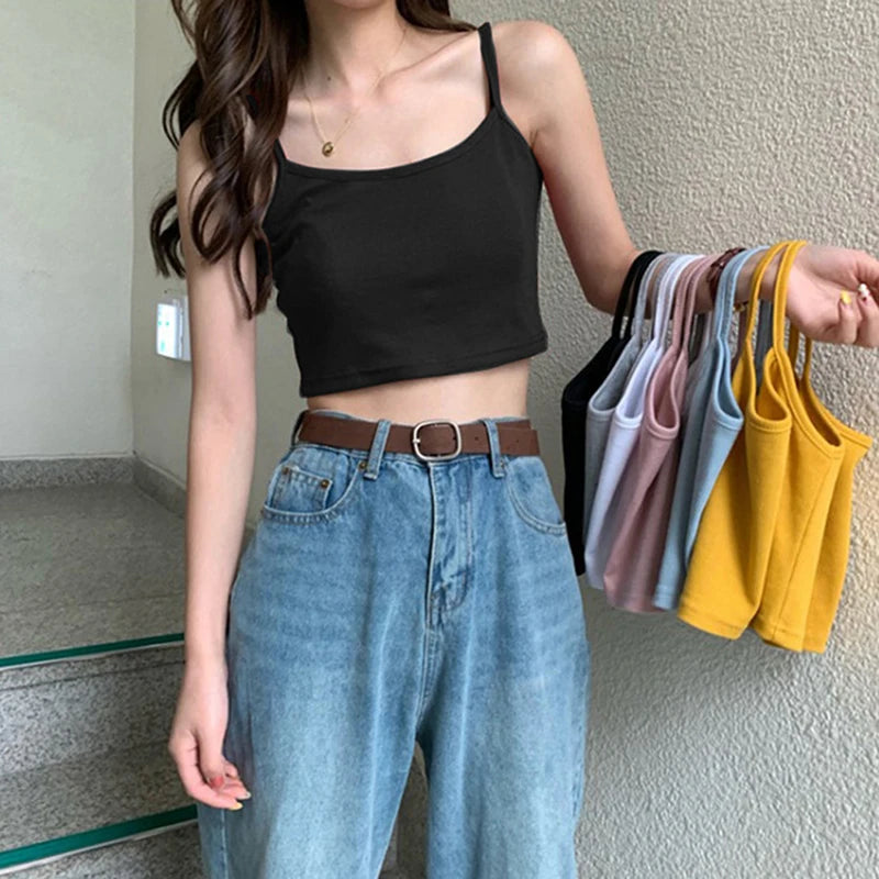 Square Neck Sleeveless Crop Top with Wide Straps Contemporary Streetwear Style