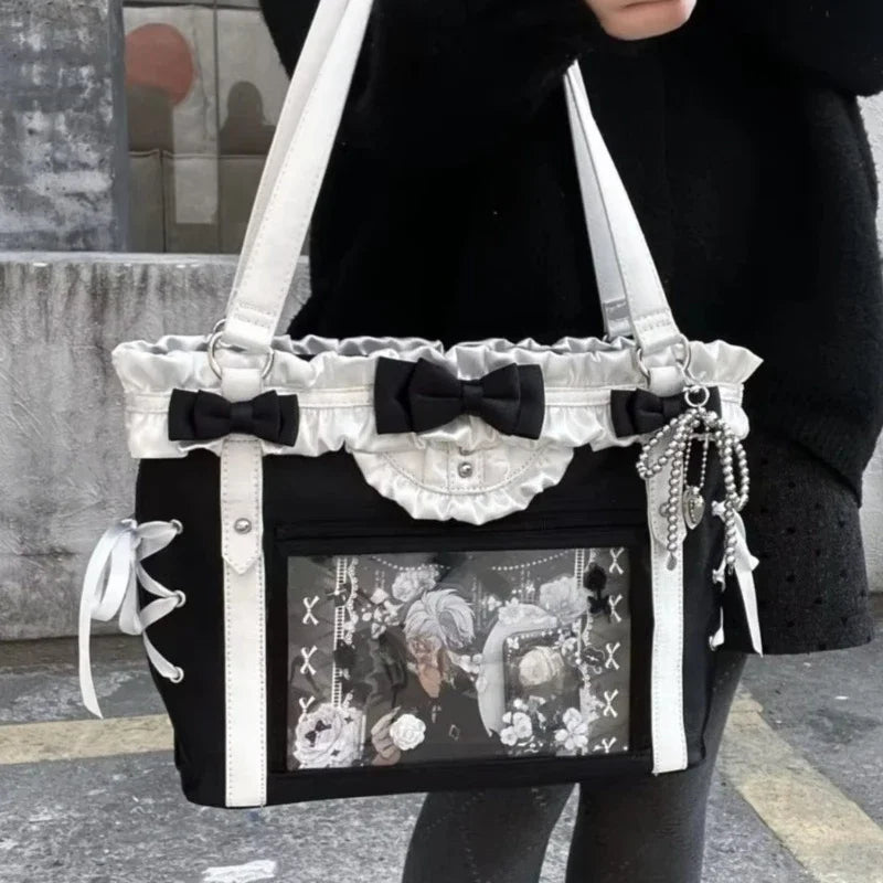 Decorative Window Tote Shoulder Bag with Utility Pocket Styling