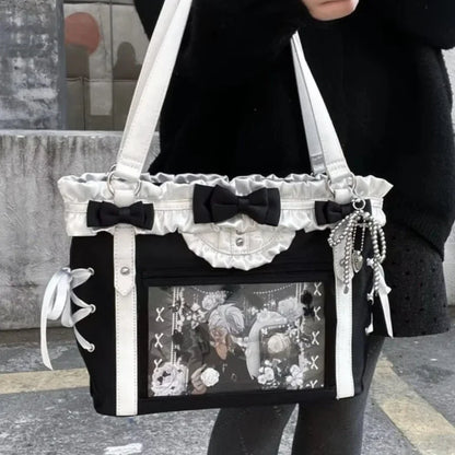 Decorative Window Tote Shoulder Bag with Utility Pocket Styling