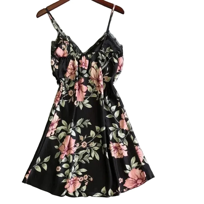 Floral Print Satin-Finish Nightdress with Delicate White Lace Trim