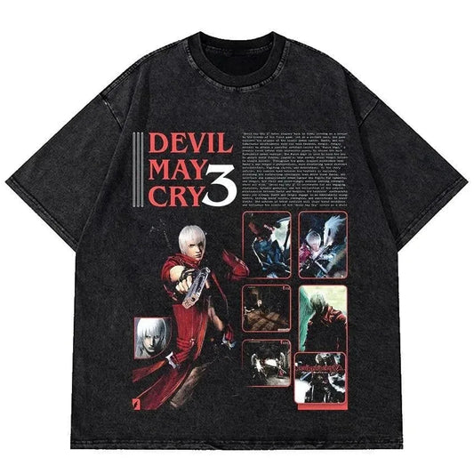 Retro Action Anime Graphic Oversized Washed Cotton Streetwear Casual T-Shirt