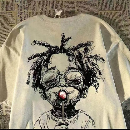 Retro Graphic Streetwear Cotton Blend T-Shirt With Playful Artwork Style