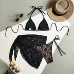 Crimson and Black Lace-Patterned Three-Piece String Bikini and Sarong Set