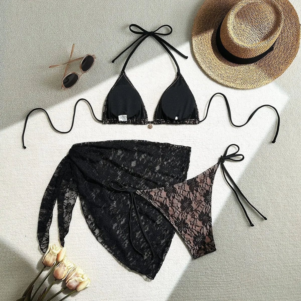 Crimson and Black Lace-Patterned Three-Piece String Bikini and Sarong Set