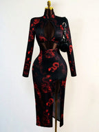 Dragon Embroidered Mesh Cutout Gothic Alternative Crop Top