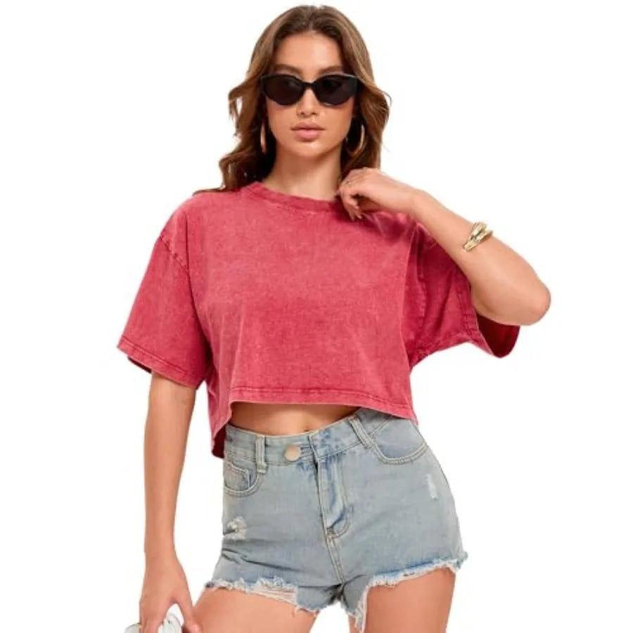 Acid Wash Crop Tee with Relaxed Fit and Vintage Streetwear Appeal