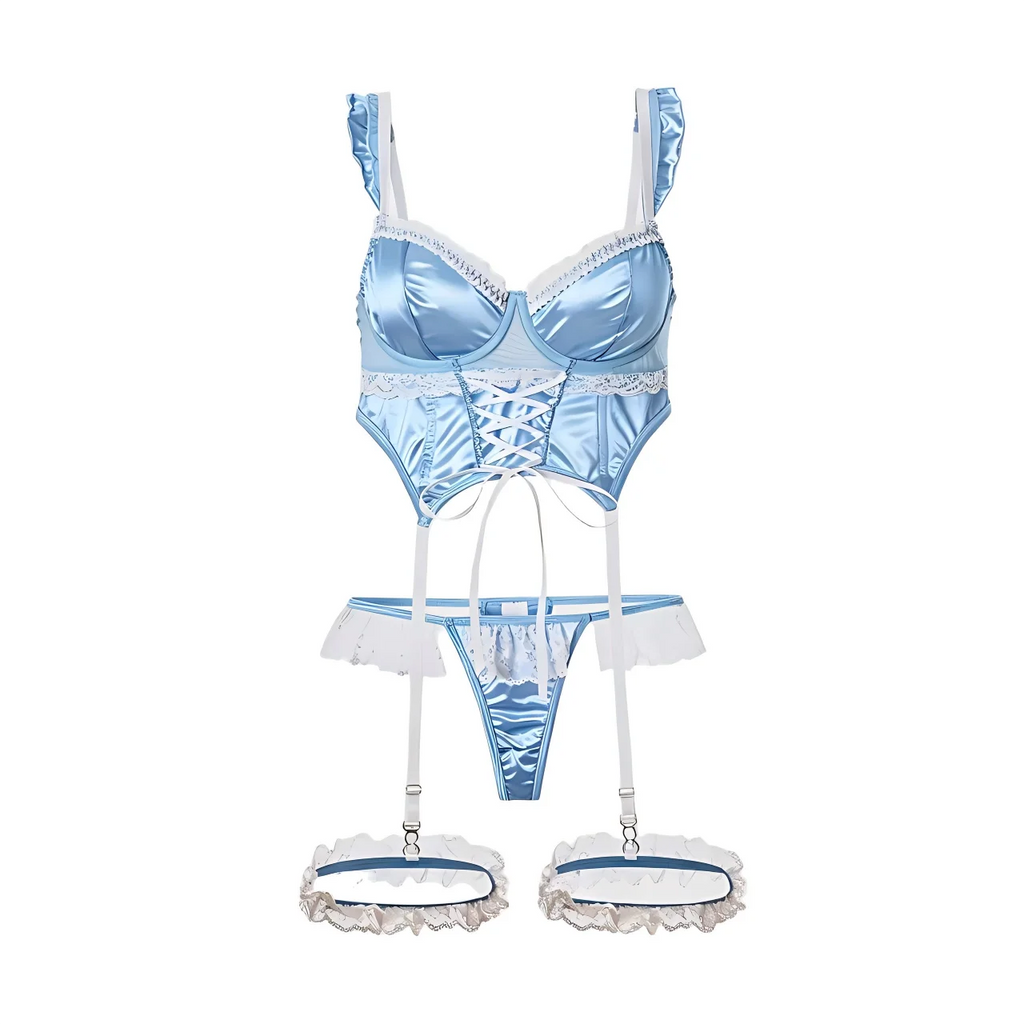 Light Blue Satin Longline Lingerie Set with Lace-Up Detailing and Ruffled Garters