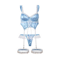 Light Blue Satin Longline Lingerie Set with Lace-Up Detailing and Ruffled Garters