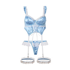 Light Blue Satin Longline Lingerie Set with Lace-Up Detailing and Ruffled Garters