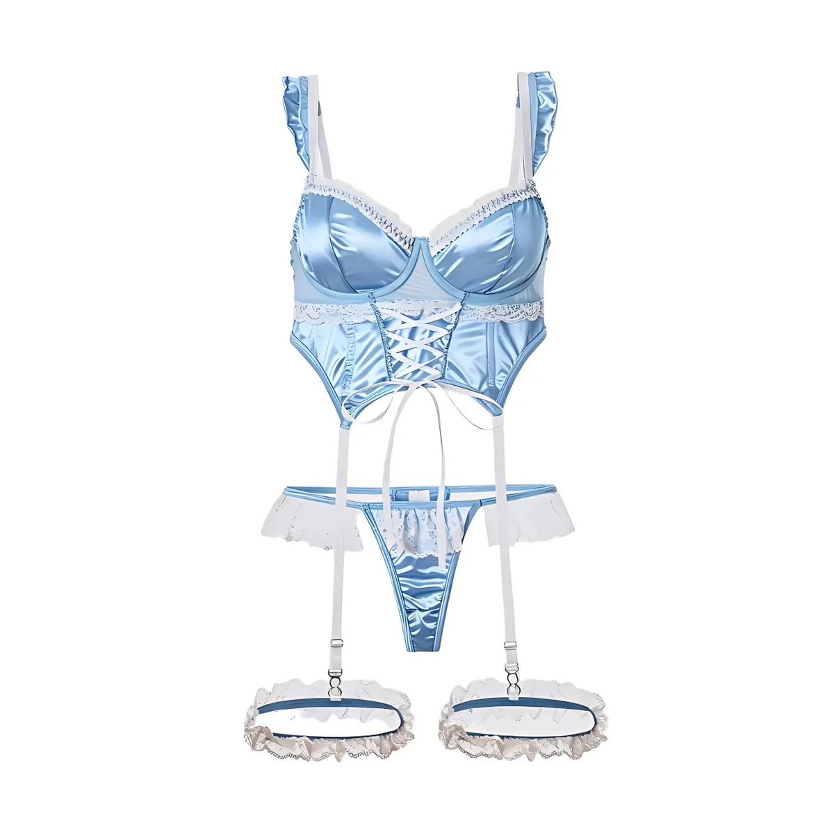 Light Blue Satin Longline Lingerie Set with Lace-Up Detailing and Ruffled Garters