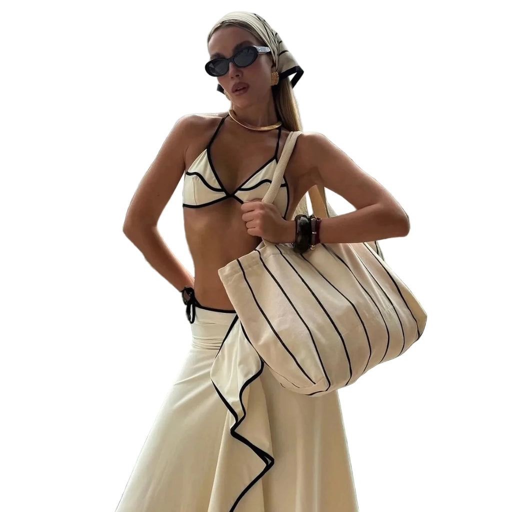 Cream and Black Contrast-Trim Triangle Bikini with Matching Maxi Skirt