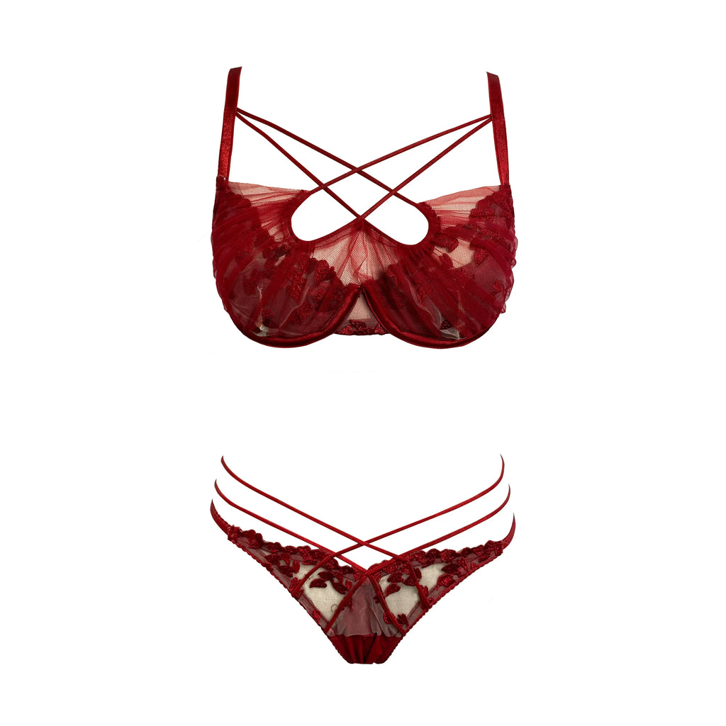 Cross-Tie Lace Mesh Lingerie Set with Adjustable-Strap Push-Up Bra and Matching Sheer-Detail Panty
