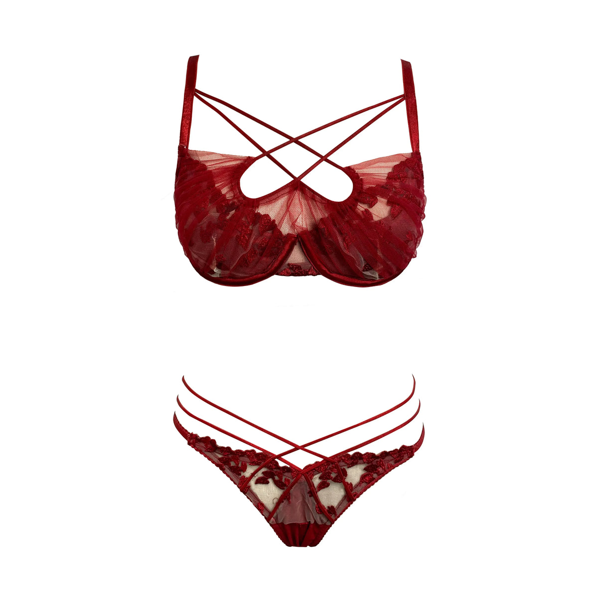 Cross-Tie Lace Mesh Lingerie Set with Adjustable-Strap Push-Up Bra and Matching Sheer-Detail Panty