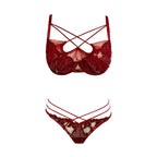 Deep Crimson Sheer Mesh Underwire Lingerie Set with Architectural Strappy Chest Detailing