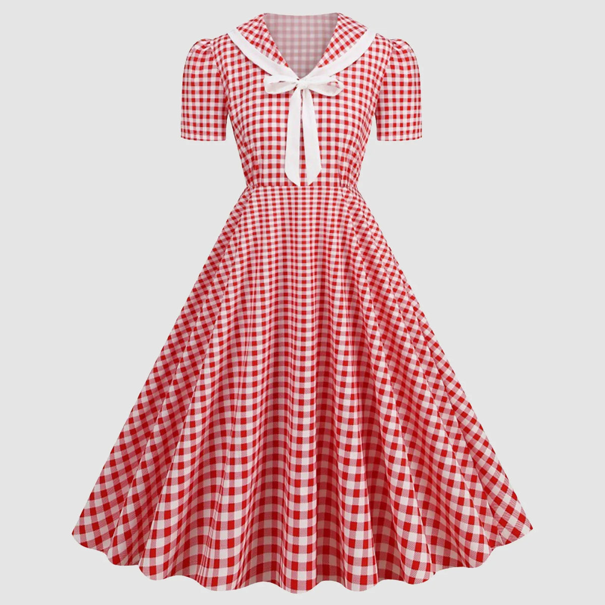 Vintage-Inspired Red Gingham Swing Dress with Contrasting Collar