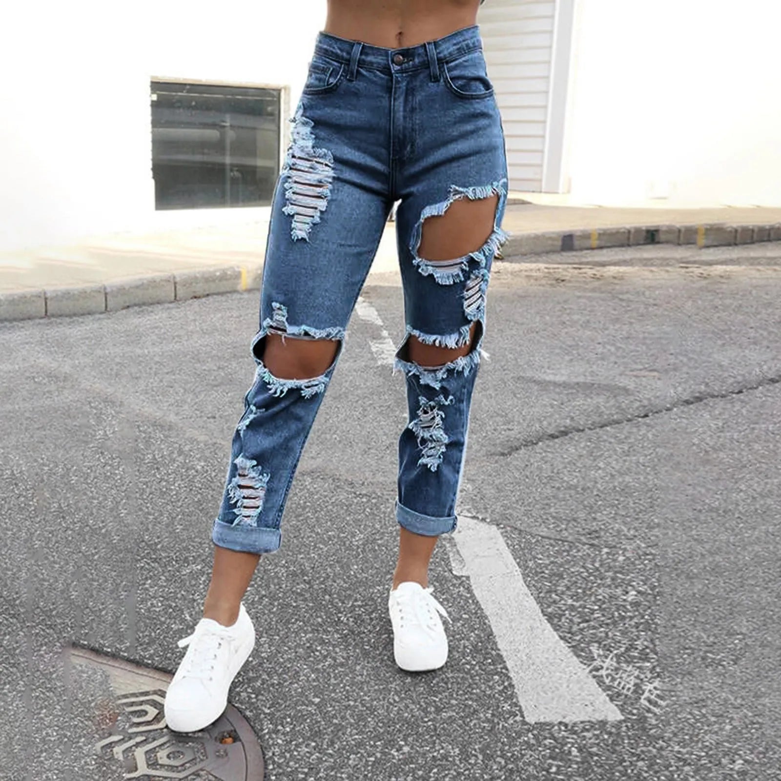 Women's Distressed Straight Leg Denim Jeans with Frayed Ripped Details and Relaxed Fit