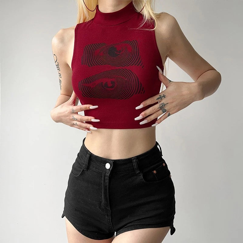 Women's High Neck Cropped Tank Top with Graphic Front Contemporary Streetwear Fashion Style