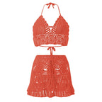Women's Black Crochet-Style Cutout Bikini Set with Halter Neck Top, Openwork Detailing and Coordinated Two-Piece Swimwear