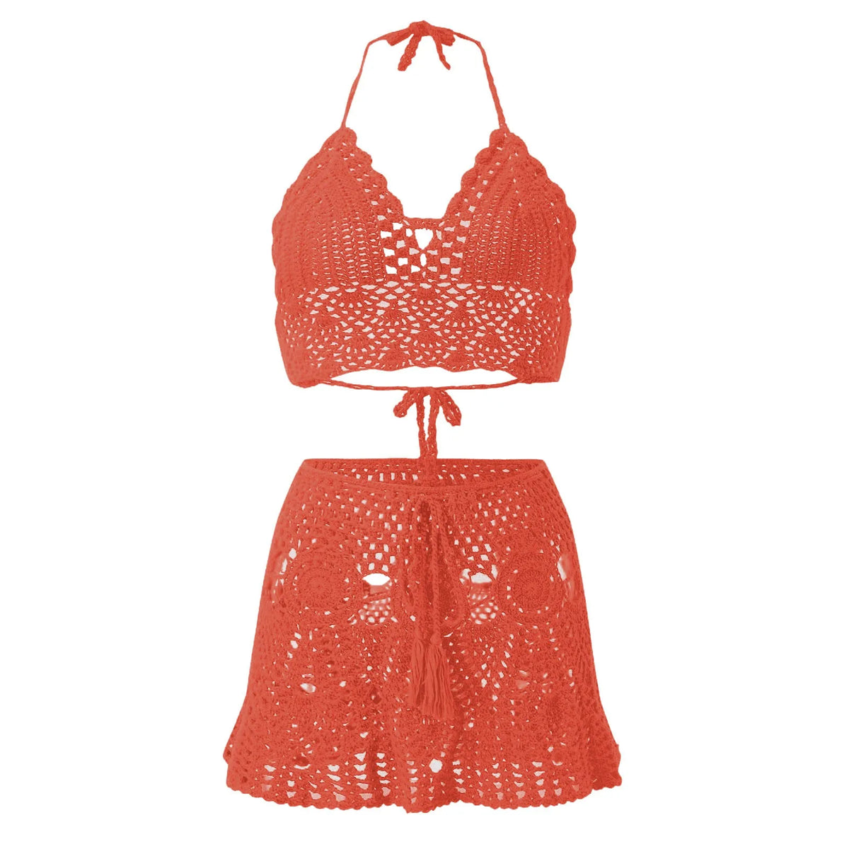 Women's Black Crochet-Style Cutout Bikini Set with Halter Neck Top, Openwork Detailing and Coordinated Two-Piece Swimwear