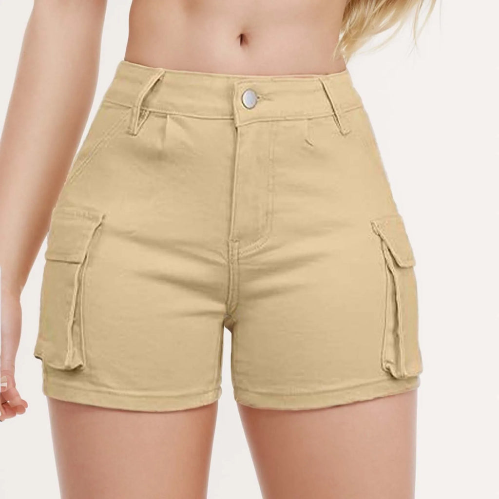 Women's High Waist Denim Style Shorts with Utility Pockets and Structured Everyday Fit