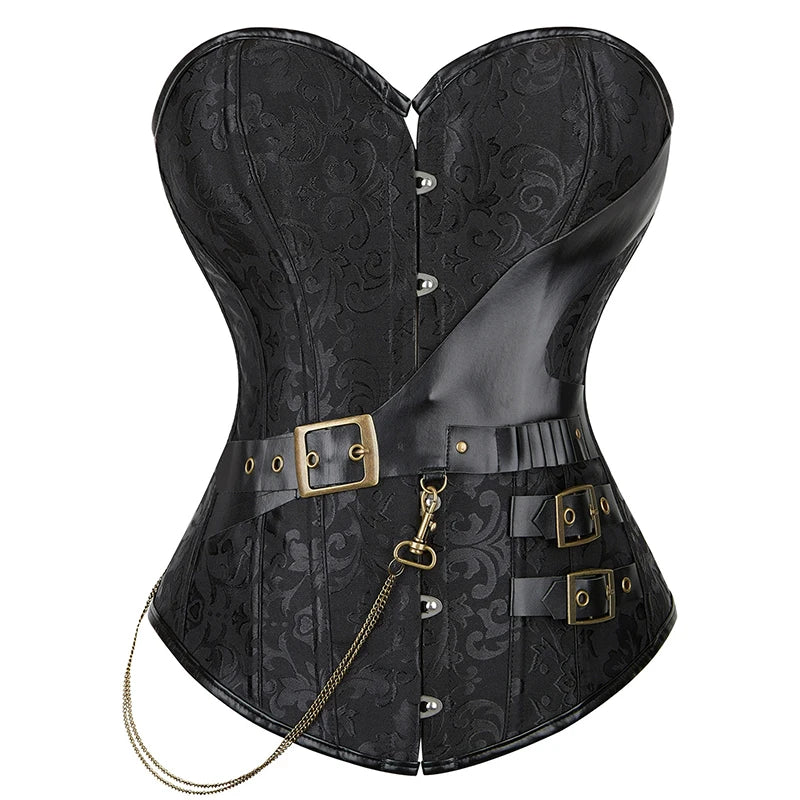 Steampunk Brown Jacquard Overbust Corset with Faux Leather Belt Detailing