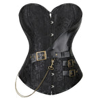 Steampunk Brown Jacquard Overbust Corset with Faux Leather Belt Detailing
