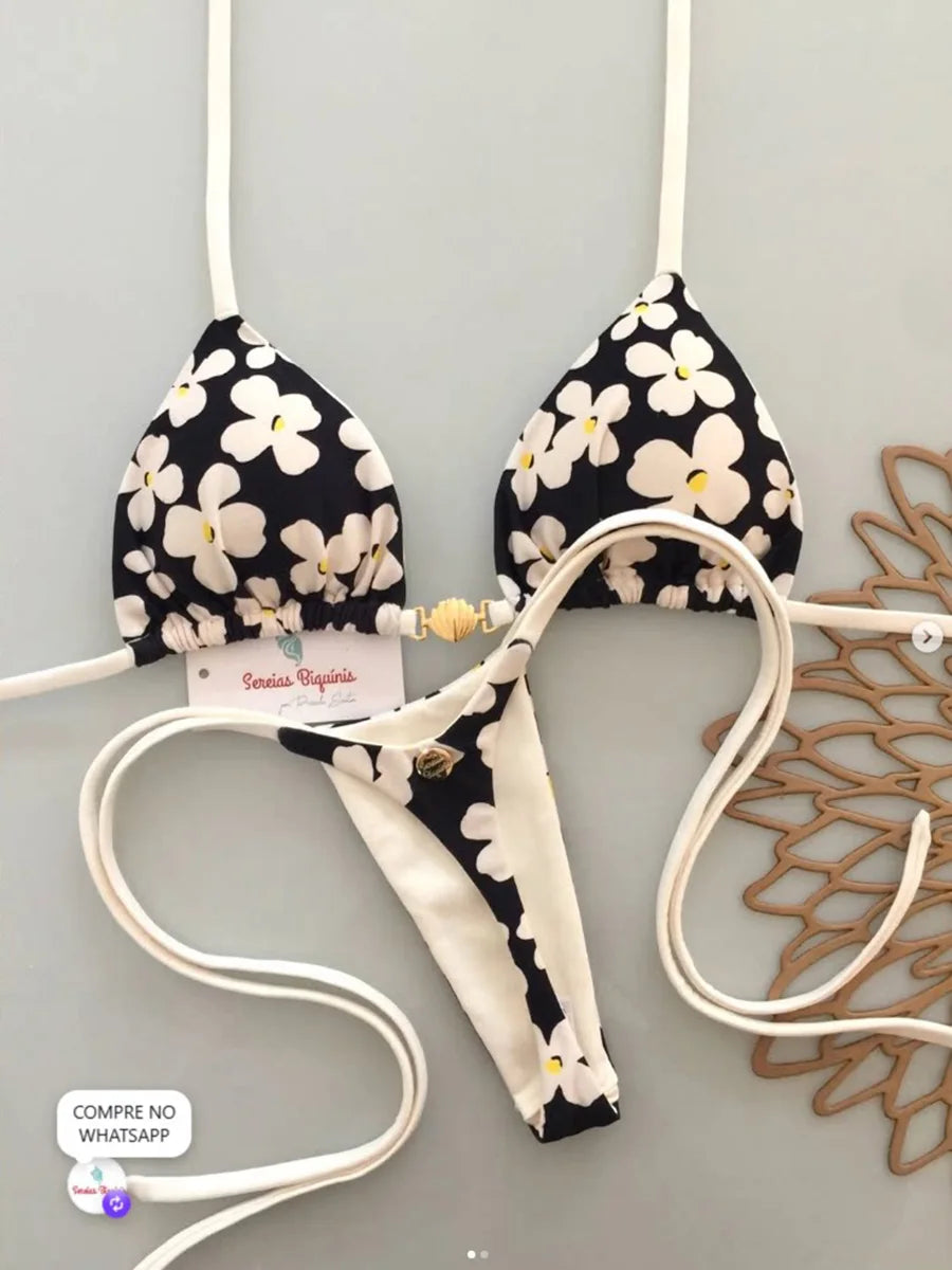 Abstract Print String Bikini Set with Triangle Halter Top and Minimalist Silhouette