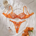 Vibrant Tangerine Sheer Mesh and Heavy Floral Embroidered Lingerie Set