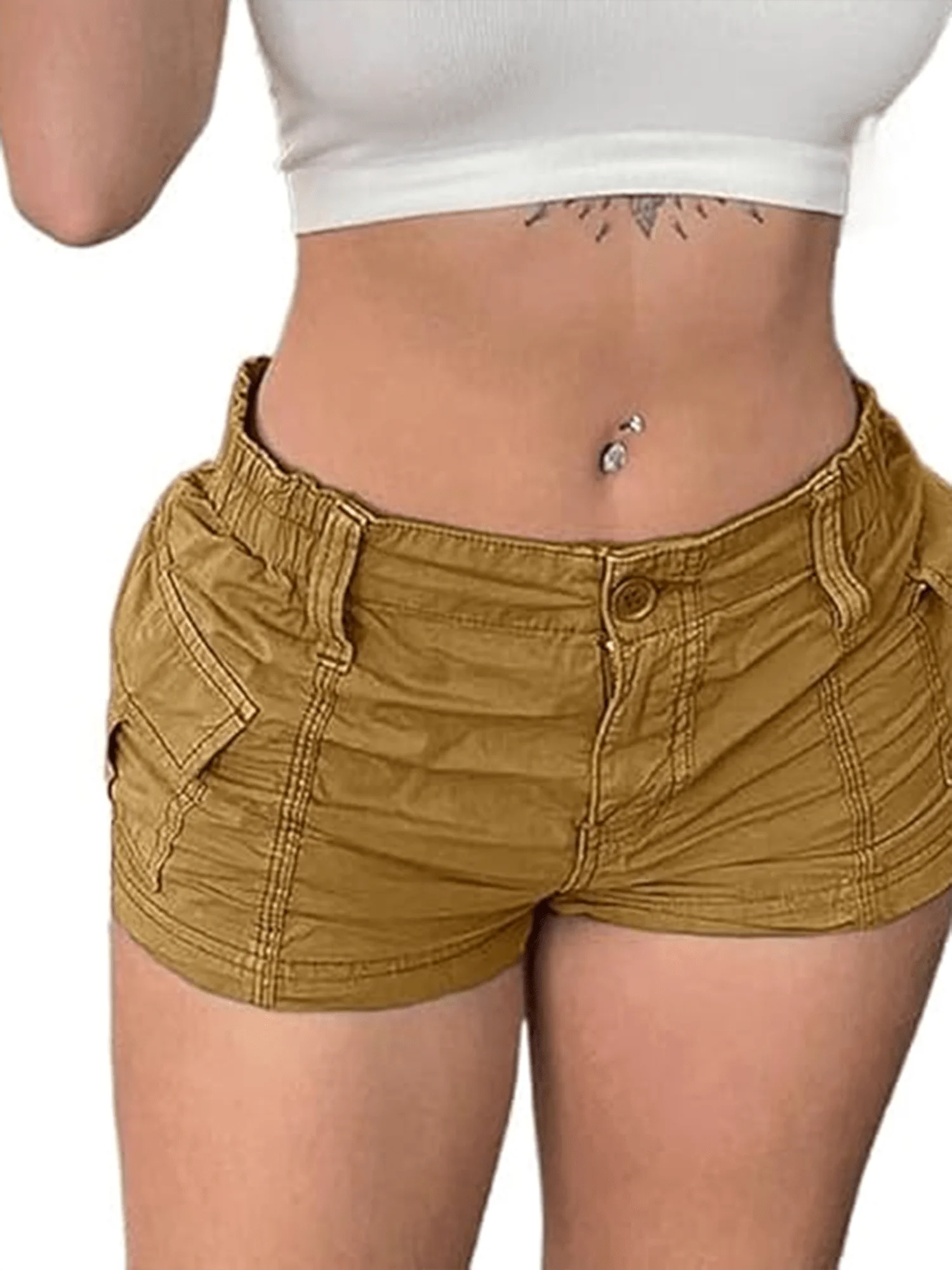 Women's Low Rise Cargo Shorts with Elastic Waist Utility Pockets and Relaxed Casual Fit