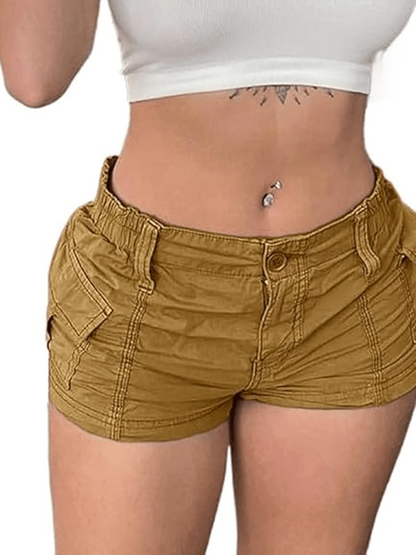 Women's Low Rise Cargo Shorts with Elastic Waist Utility Pockets and Relaxed Casual Fit