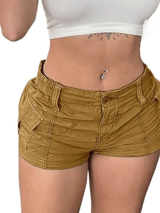 Women's Low Rise Cargo Shorts with Elastic Waist Utility Pockets and Relaxed Casual Fit