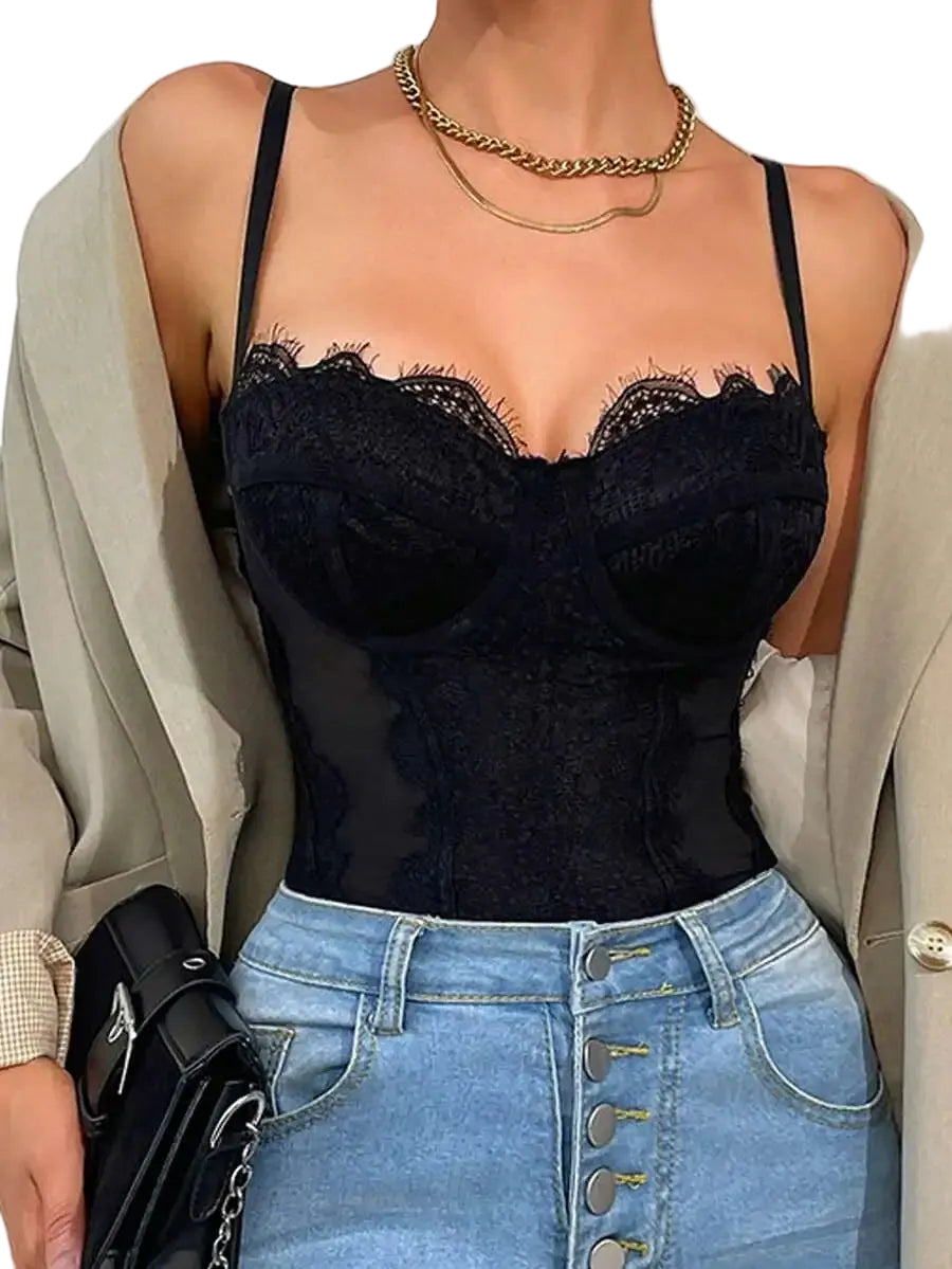 Lace Bustier Bodysuit with Structured Cups and Adjustable Shoulder Straps