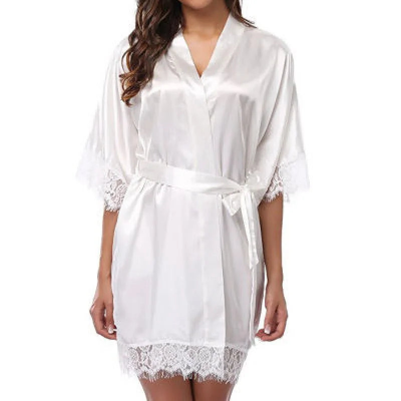 Vibrant Red Satin-Finish Lounging Robe with Delicate Scalloped Lace Trim