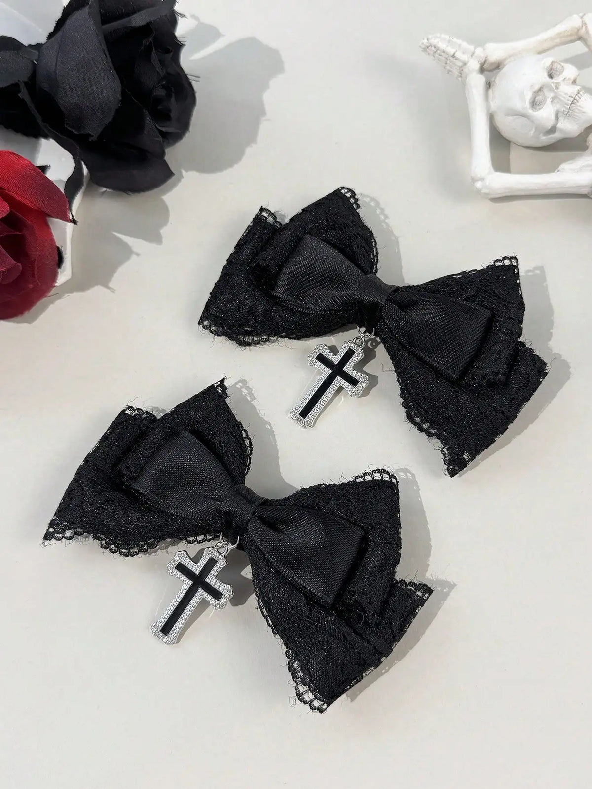 Gothic Lace Bow Hair Clips With Cross Chain Statement Accents