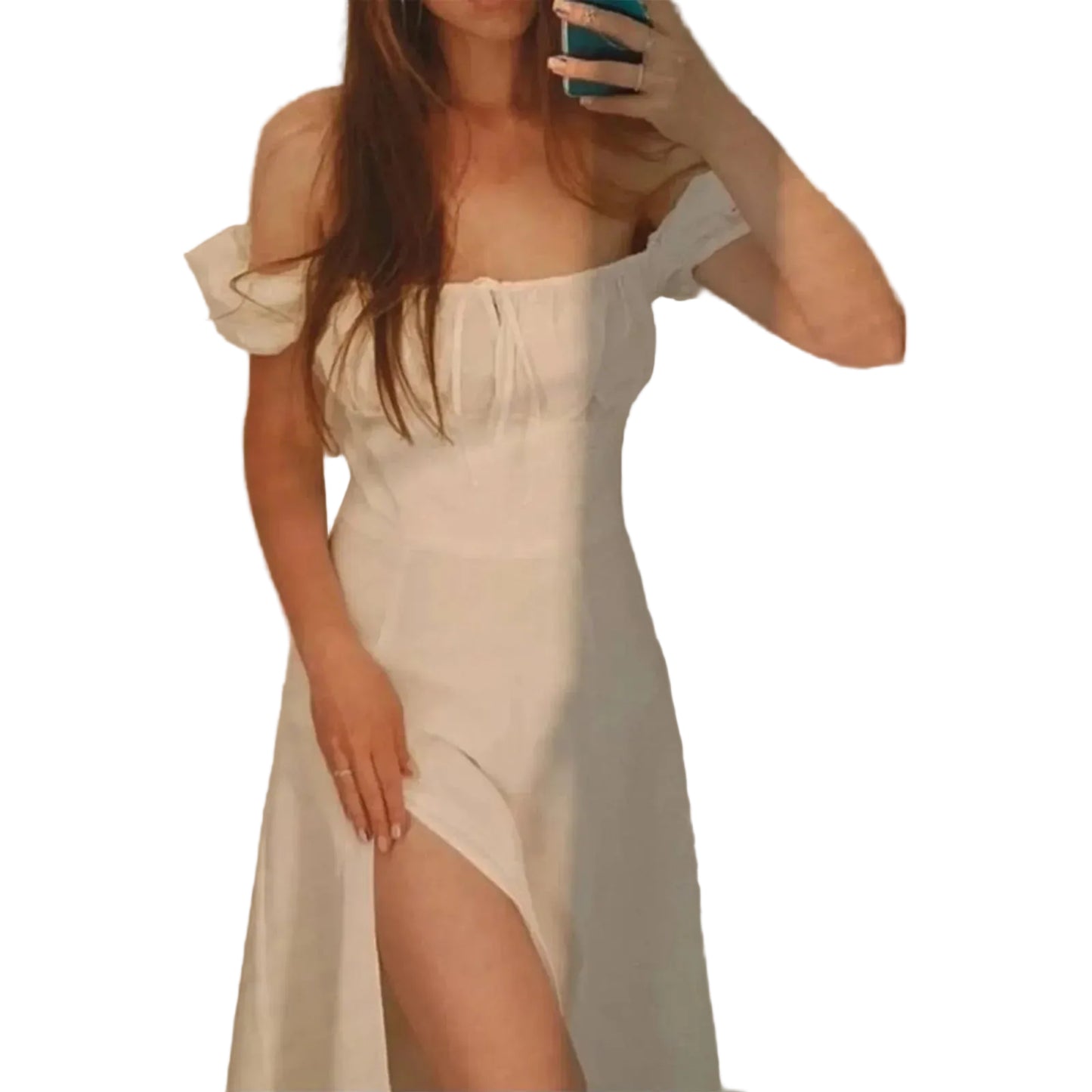 Off Shoulder Maxi Dress with Bubble Sleeves and Side Slit Detail