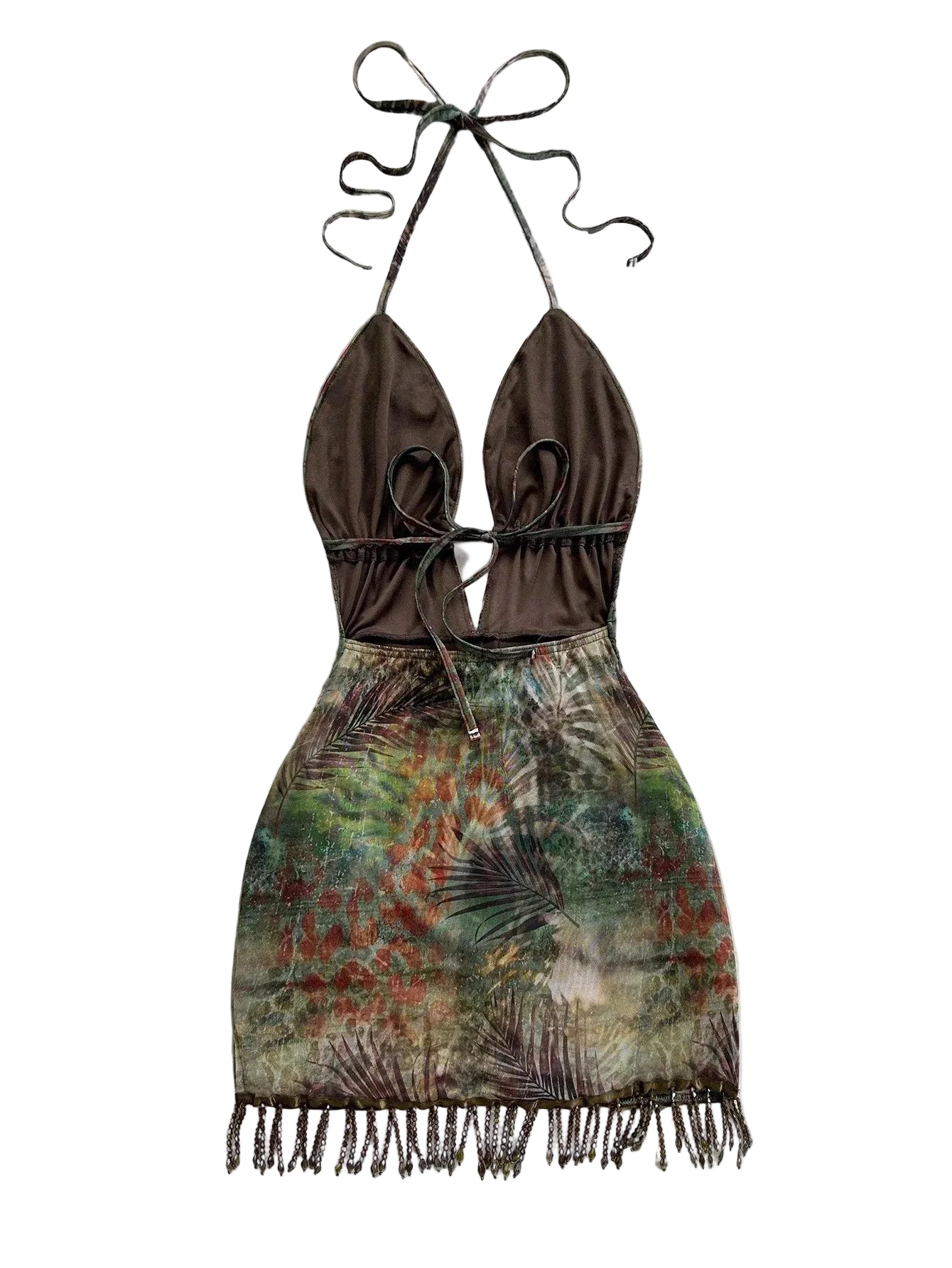 Tropical Print Halter Mini Dress with Tassel Detail Bohemian Vacation Style