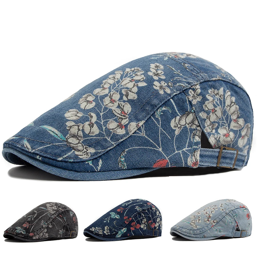Vintage Floral Cotton Flat Cap for Casual Everyday Outdoor Heritage Fashion Style