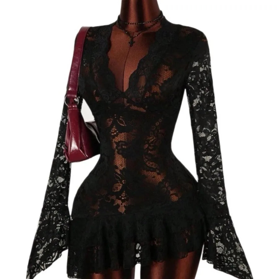 Anime-Inspired Lace Sleeve Gothic Mini Dress with Alternative Fashion Style
