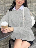 Women's Cable Knit Crew Neck Sweater with Relaxed Long Sleeve Silhouette