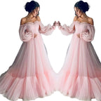 Romantic Off-The-Shoulder Pink Tulle Maxi Dress with Tiered Skirt
