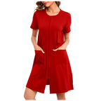 Women's Lightweight Zipper-Front Robe, Short-Sleeve Knee-Length Bathrobe with Pockets, Soft Casual Homewear and Sleepwear