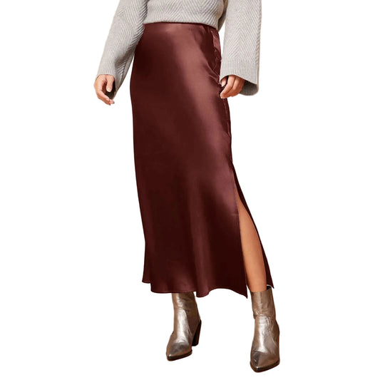 Elegant High Waist Satin Maxi Skirt with Side Slit Pencil Silhouette