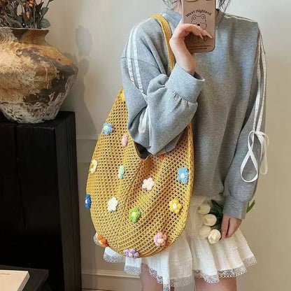 Open Knit Tote Shoulder Bag with Large Capacity Casual Design