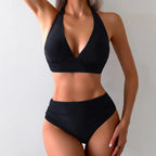 Black High-Waisted Bikini Set with Deep V-Neck Crop Top, Wide Straps and Sleek Supportive Beachwear Silhouette