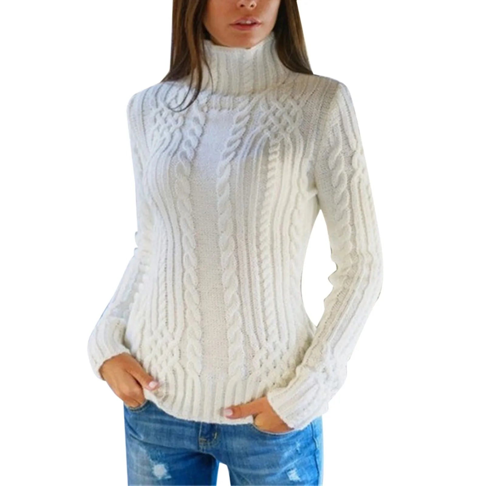 Women's Cable Knit Turtleneck Slim Fit Pullover Sweater With Textured Finish