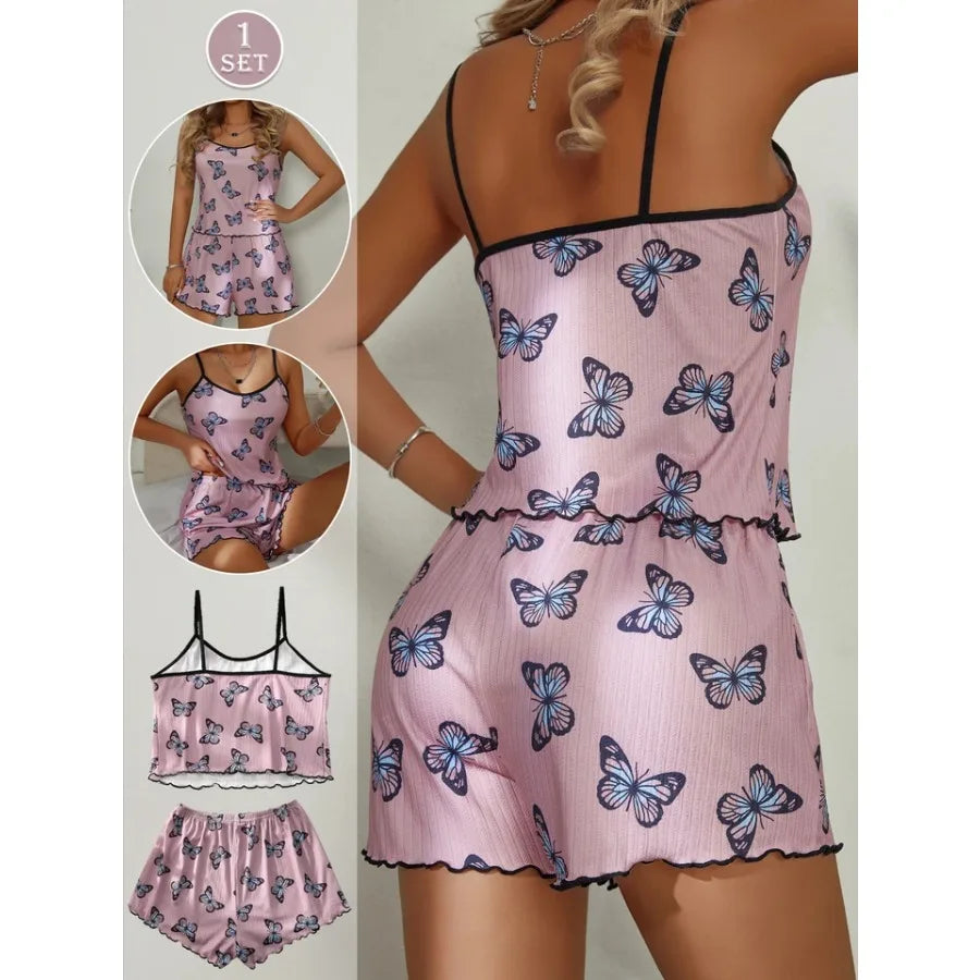 Playful Butterfly Print Two-Piece Camisole and Shorts Sleepwear Set with Contrast Trim