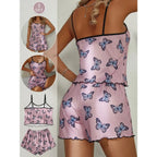 Playful Butterfly Print Two-Piece Camisole and Shorts Sleepwear Set with Contrast Trim