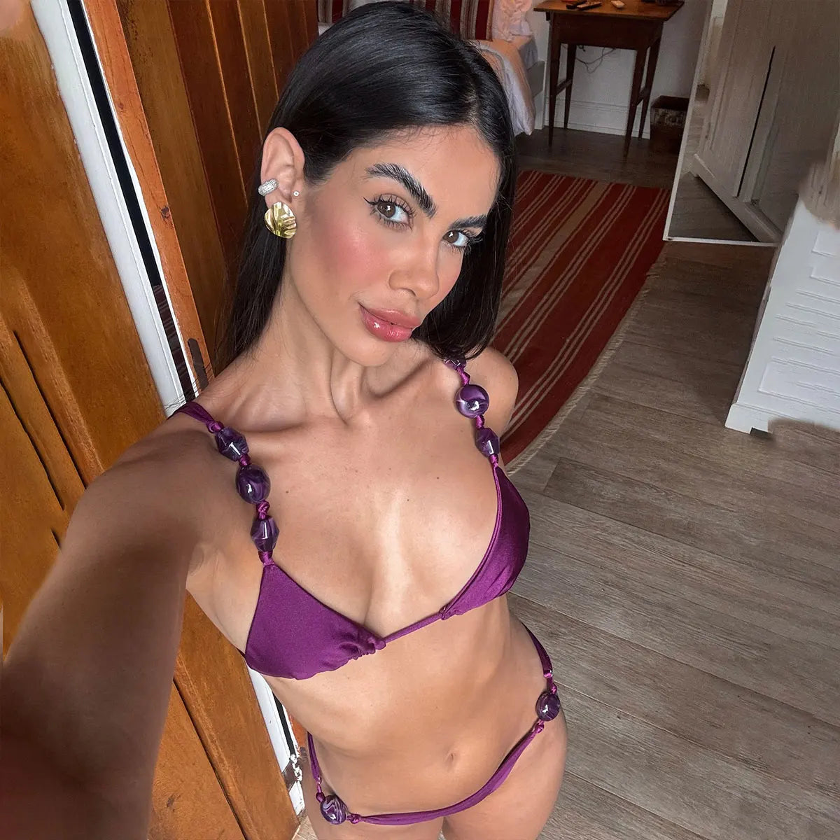Deep Plum Beaded String Bikini Set with Triangle Top and Adjustable Ties